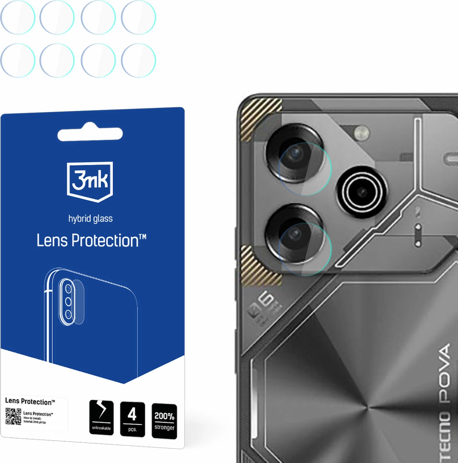 Mbrojtës xhami për kamerë 3mk Protection, për Tecno Pova 6 Neo, hibrid, 4 copë