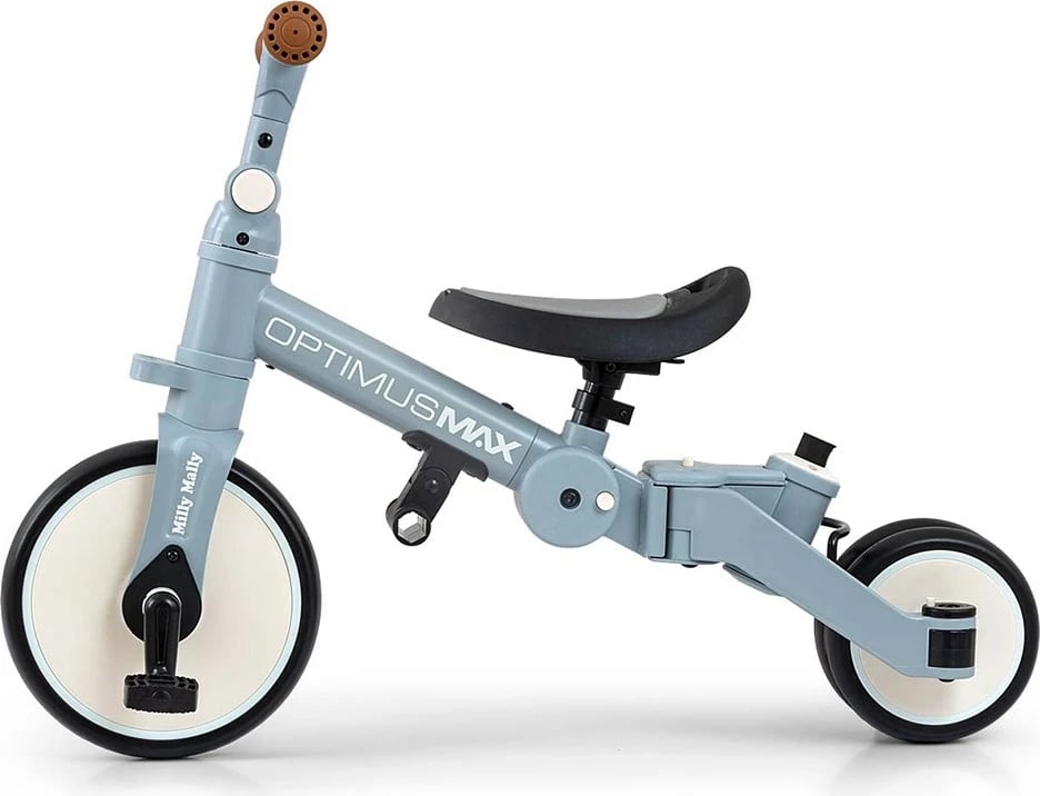 tricikël 5‑në‑1 me dorezë prindi, Milly Mally, Optimus Max, rrota shkumë, sedile e rregullueshme, 12–36 muaj, blu denim