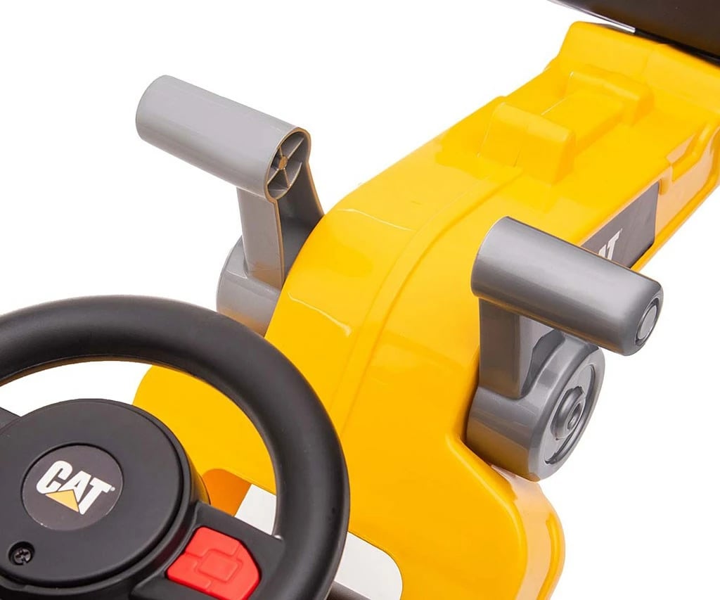 mjet ride-on ngarkues, Milly Mally CAT, timon me zë borie, dy blloqe kundër përmbysjes, magazinim nën ulëse, 12–36 muaj, deri 25 kg, e verdhë