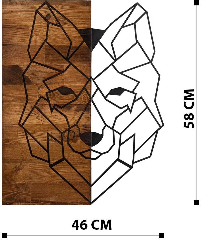 Aksesor dekorativ për mur, dru dhe metal, dizajn ujku, Wallity, ngjyrë e zezë dhe arre, 45.5x58cm