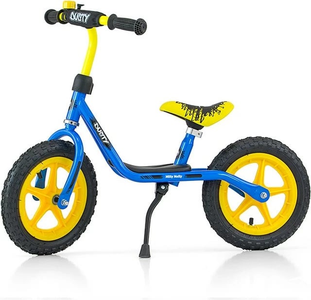 biçikletë balancuese për fëmijë, Milly Mally Dusty, 12\" goma të frymëshme, kornizë çeliku, zile, këmbëz mbajtëse, blu
