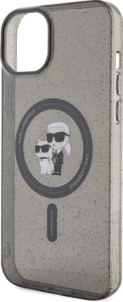 Mbështjellës Karl Lagerfeld Karl&Choupette Glitter MagSafe për iPhone 15, i zi