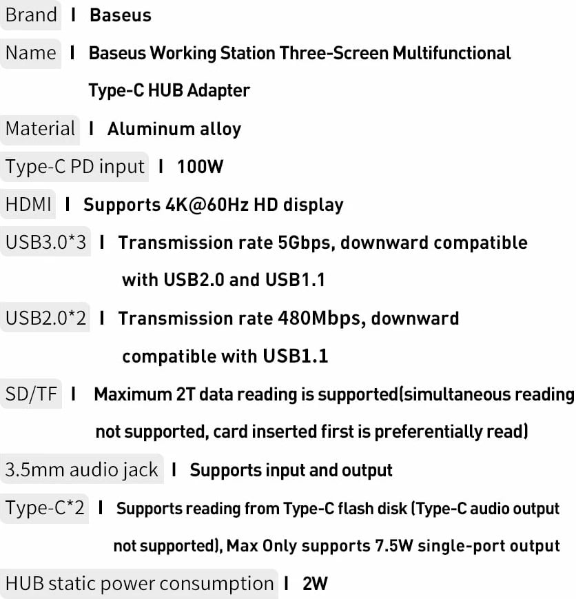 Kasë HUB multifunksional Baseus CAHUB-DG0G, 16 porta, 100W, Gri