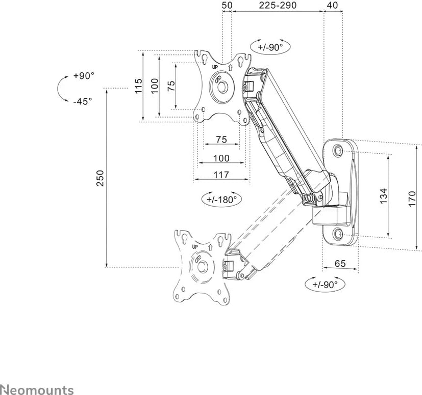 Mbajtëse muri për monitor/TV Neomounts WL70-440BL11, gas spring, full motion, 17-32 inç, e zezë
