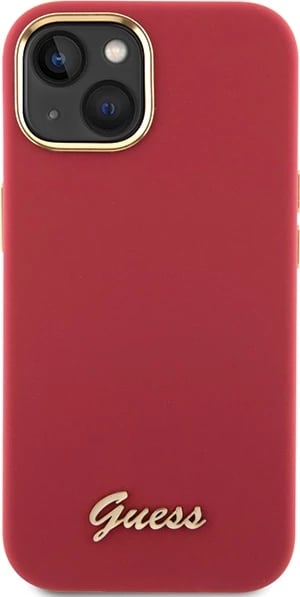 Mbështjellës Guess Silicone Script Metal Logo & Frame për iPhone 15, Kuq