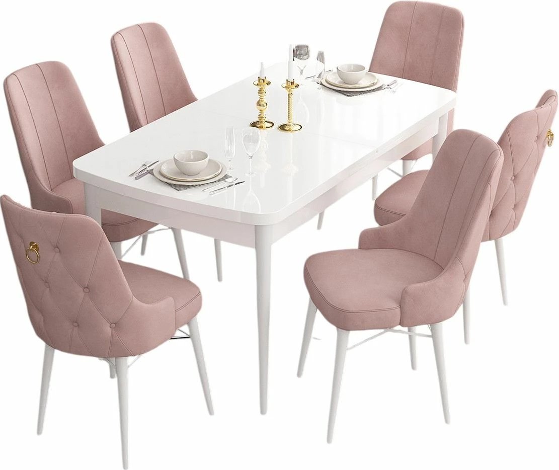 Tavolinë me karrige për ngrënie, e zgjatshme, 7 copë, Skye Decor, e bardhë, rozë
