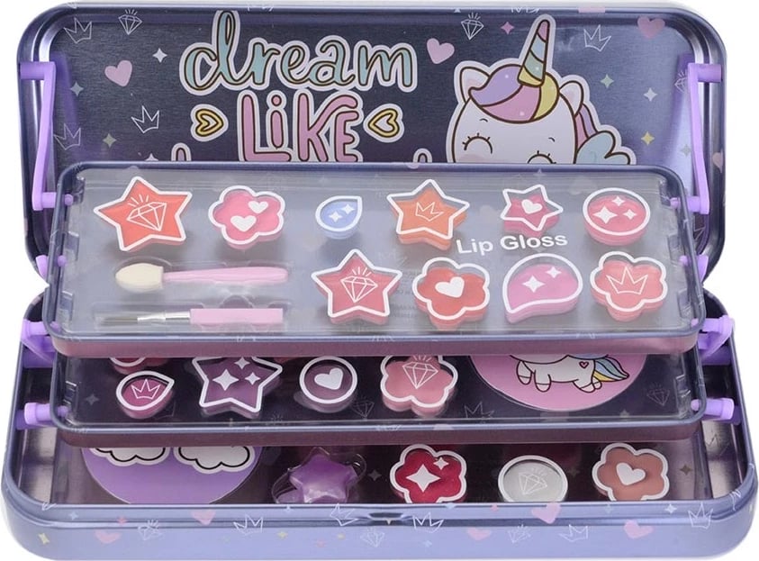 Set grimi për fëmijë Lip Smacker Unicorn Makeup Case Triple Layer Beauty Tin për vajza, 29 copë