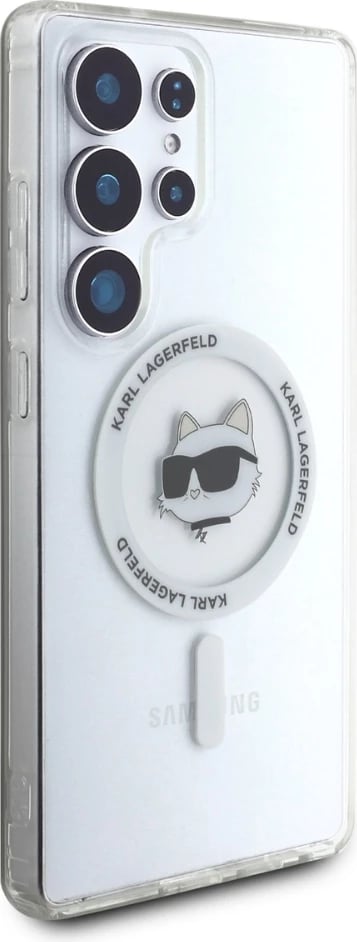 Mbështjellës Karl Lagerfeld Button Choupette Head Printed Logo MagSafe për Samsung Galaxy S25 Ultra, Bardhë