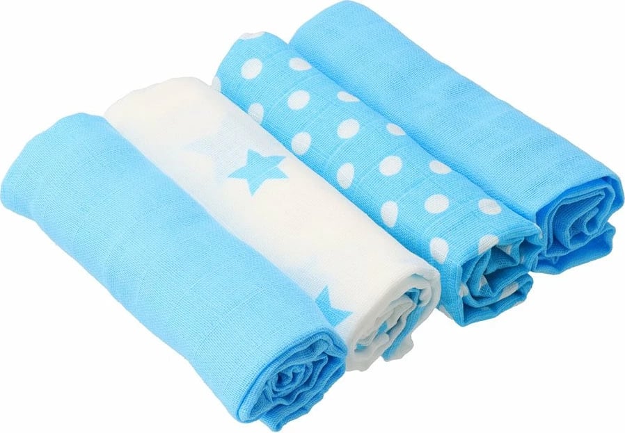 Pelena pambuku tetra me printim, New Baby Softy, 70 x 70 cm, ngjyrë turkeze dhe e bardhë, set 4 copë