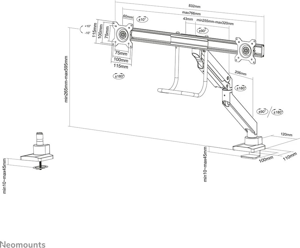 Krah monitori Neomounts NM-D775DXBLACK, për 2 ekrane, 32 inç, kapëse/gromet, i zi