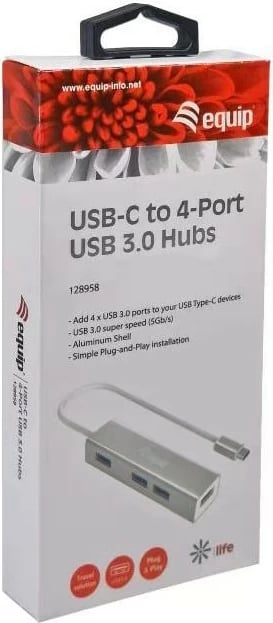 USB hub Equip 4 porte USB 3.0, Type-C, 5000 Mbit/s, alumini, argjendtë