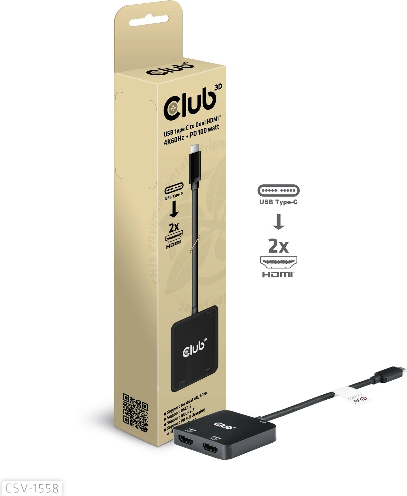 Adapter Club3D MST-Hub USB Type-C në 2x HDMI 4K60Hz + 100W PD, i zi