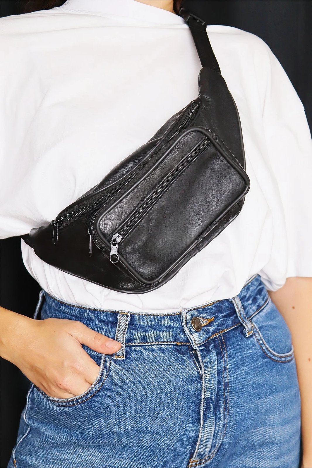 Çantë beli prej lëkure, e zezë, Zoozie Bags, 30x11.5cm