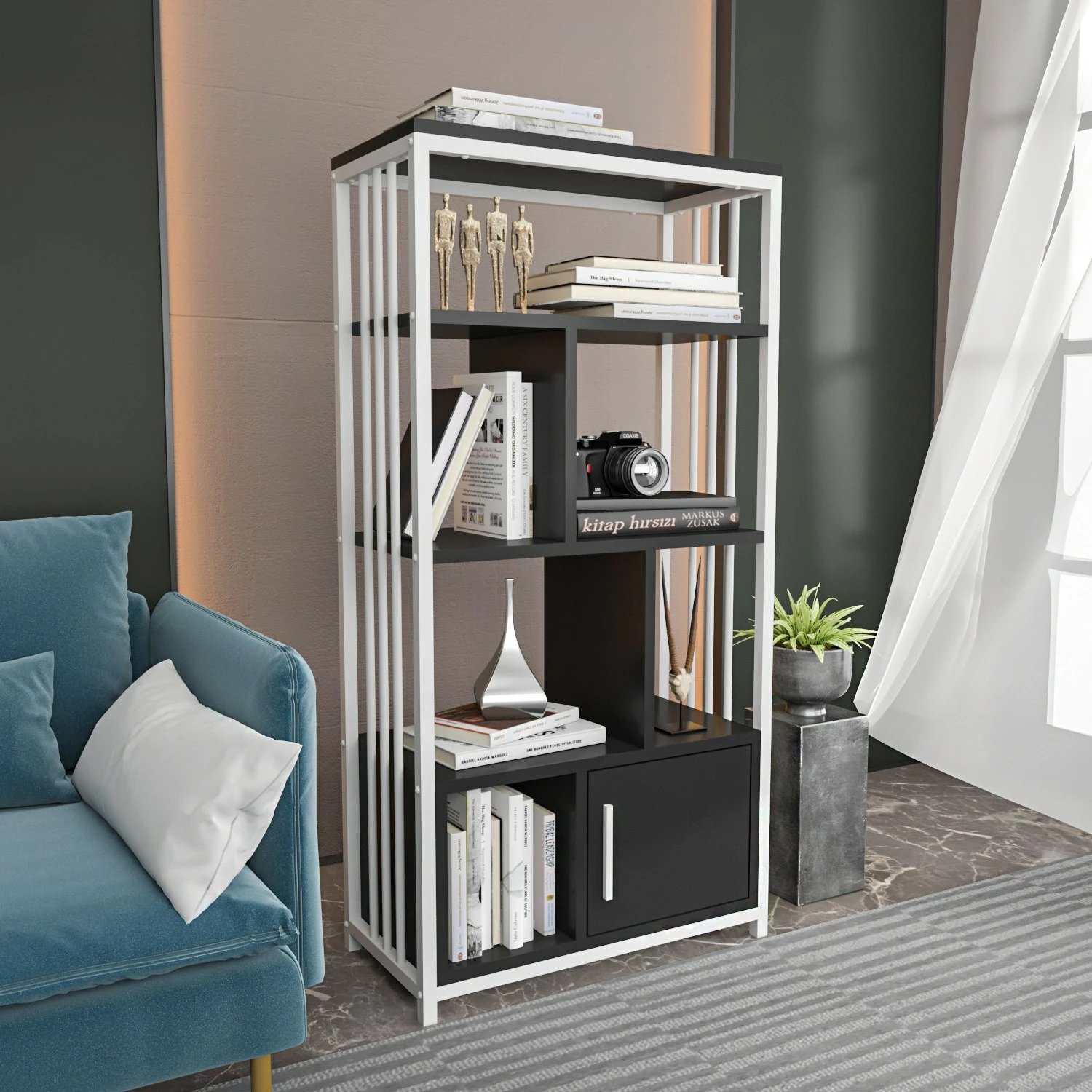Raft librash Hanah Home, Valero, ngjyrë e zezë dhe e bardhë