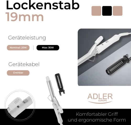 Figaro për flokë, Adler, AD 2105, 19mm, qeramikë, 25W, PTC ngrohje e shpejtë, me furçë, e bardhë/argjend