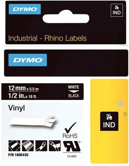 Shirit etiketimi vinil, Dymo, Rhino Coloured Vinyl 1805435, 12 mm x 5 m, tekst i bardhë në të zezë