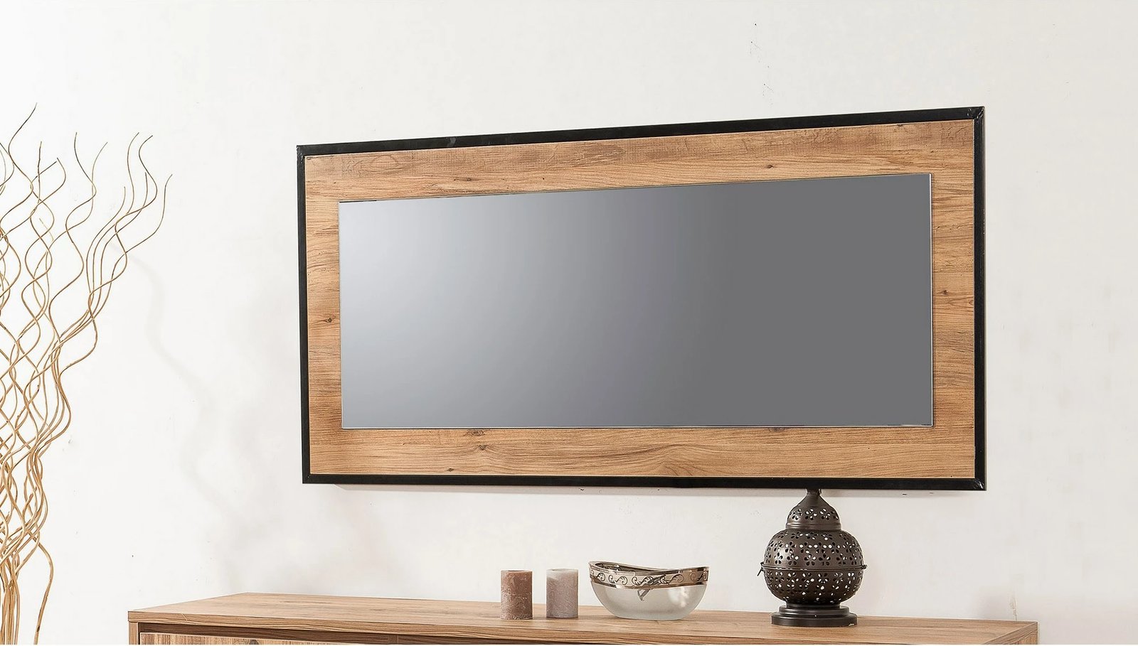 Pasqyrë dekorative nga panel druri, Quantum Idea 110, ngjyrë Atlantic Pine dhe e zezë