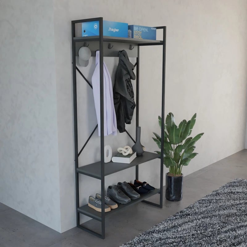 Mobilje hyrëse Levento, anthracite, kornizë metalike e zezë, 88x34x180cm