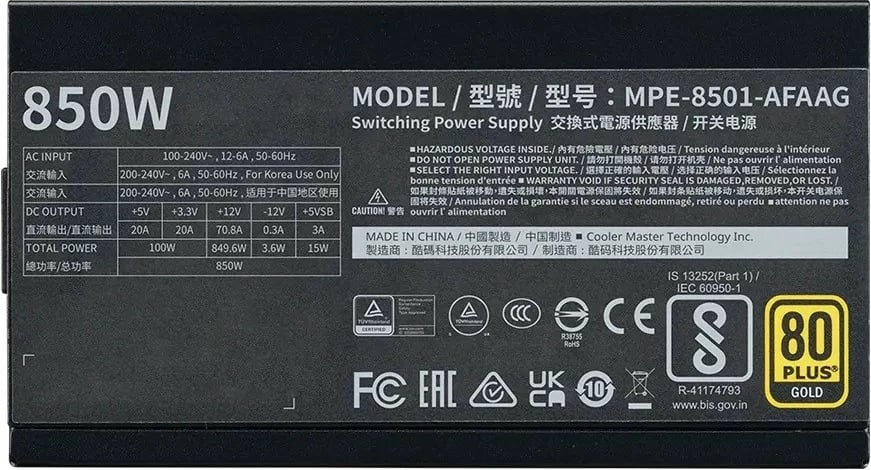 Kasë furnizimi Cooler Master MWE Gold 850W v2 ATX 3.1, Full Modular, E zezë