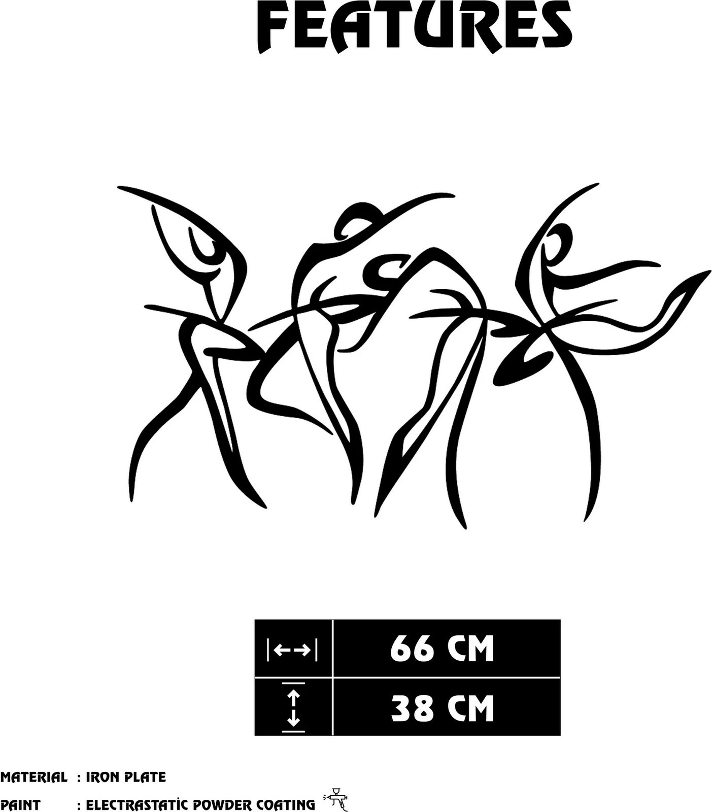 Aksesor dekorativ metalik për mur, Wallity Felicita S, ngjyrë e zezë, 66x38cm