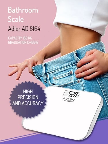 peshore banjoje, Adler, AD 8164, kapacitet 180 kg, saktësi 100 g, xham i temperuar, ekran LCD, e bardhë