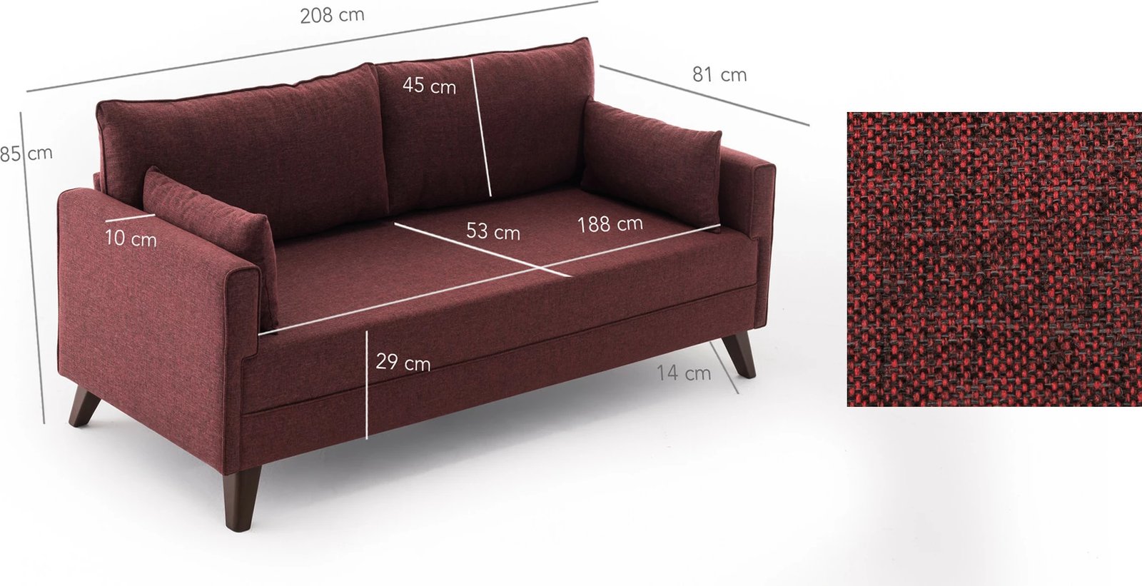 Divan treshe Atelier del Sofa, Bella, ngjyrë e kuqe klaret