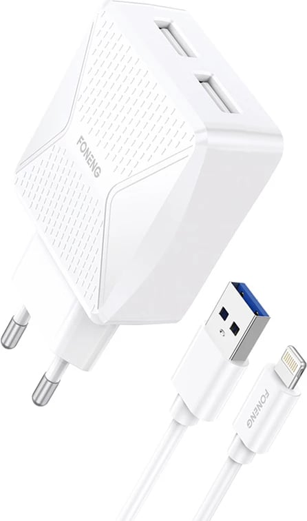Karikues GaN Foneng EU50, 35W, 2x USB-C, me kabllo USB-C në Lightning, Bardhë