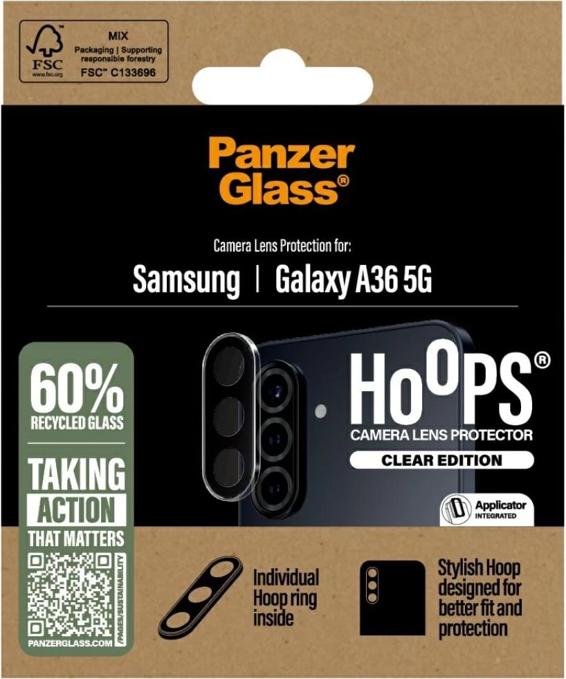 Mbrojtës kamere PanzerGlass Hoops për Samsung Galaxy A36 5G, xham i temperuar, Transparent