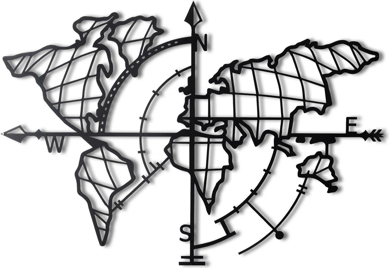 Aksesor dekorativ metalik për mur, hartë bote me busull, ngjyrë e zezë