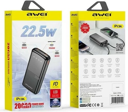 Powerbank AWEI P13K, 20000mAh, 22.5W, 2xUSB + USB-C, e zezë