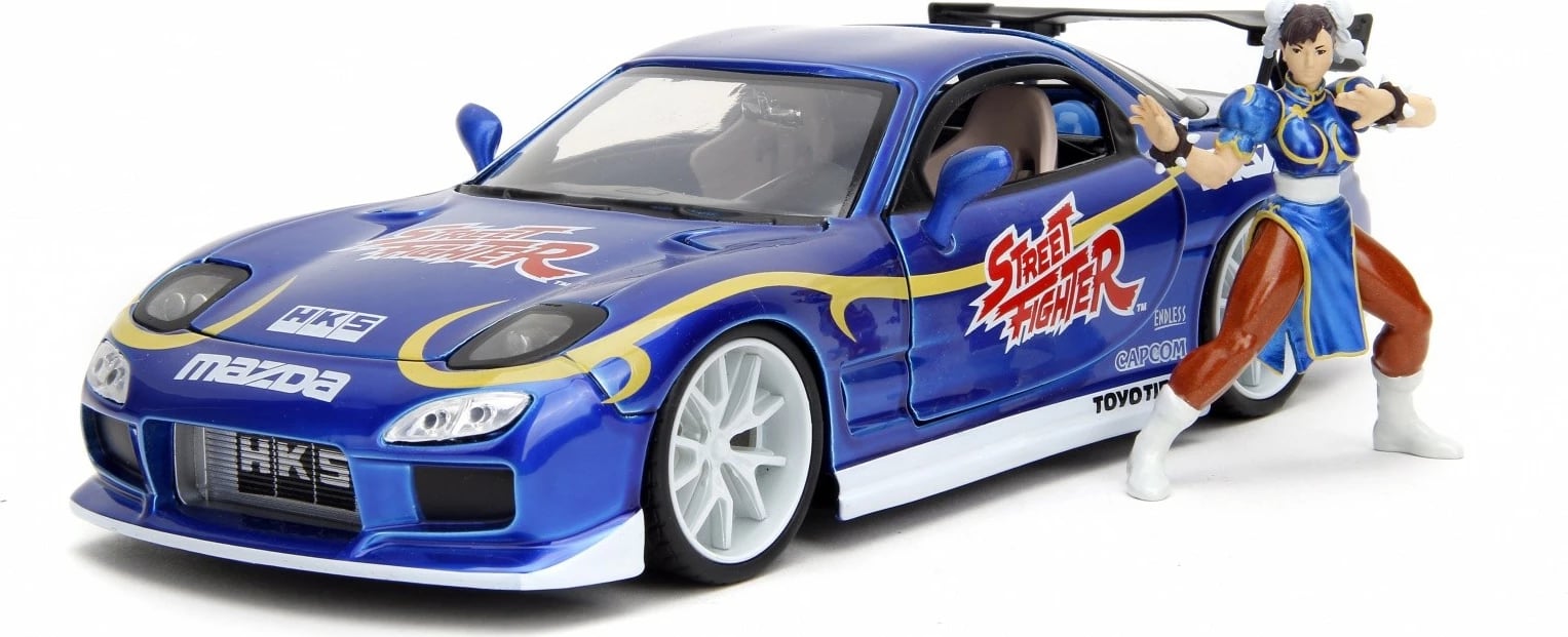Model makine JADA TOYS Street Fighter 1993 Mazda RX7 1:24 me figurë Chun-Li, Blu, set