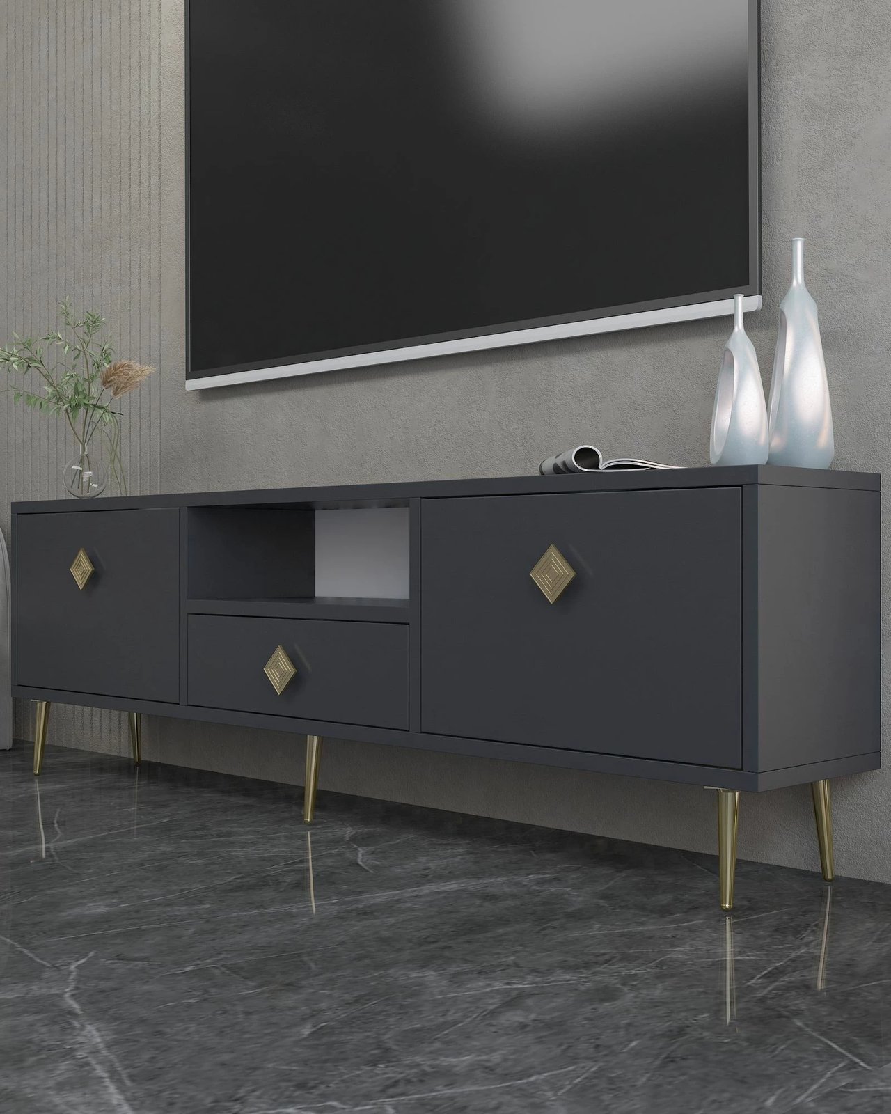 Komodë TV, ngjyrë antracit dhe ari, Skye Decor, 1308-DROP-1