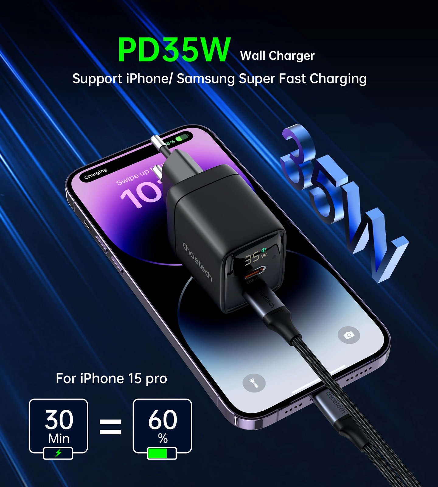 Karikues muri Choetech PD6051, 35W, 2x USB-C, me ekran, zi