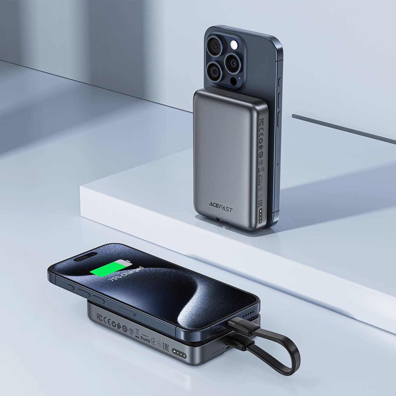 Powerbank Acefast M10, 10000 mAh, 2x USB-C PD 30W, karikim me valë 15W, me kabllo, e zezë