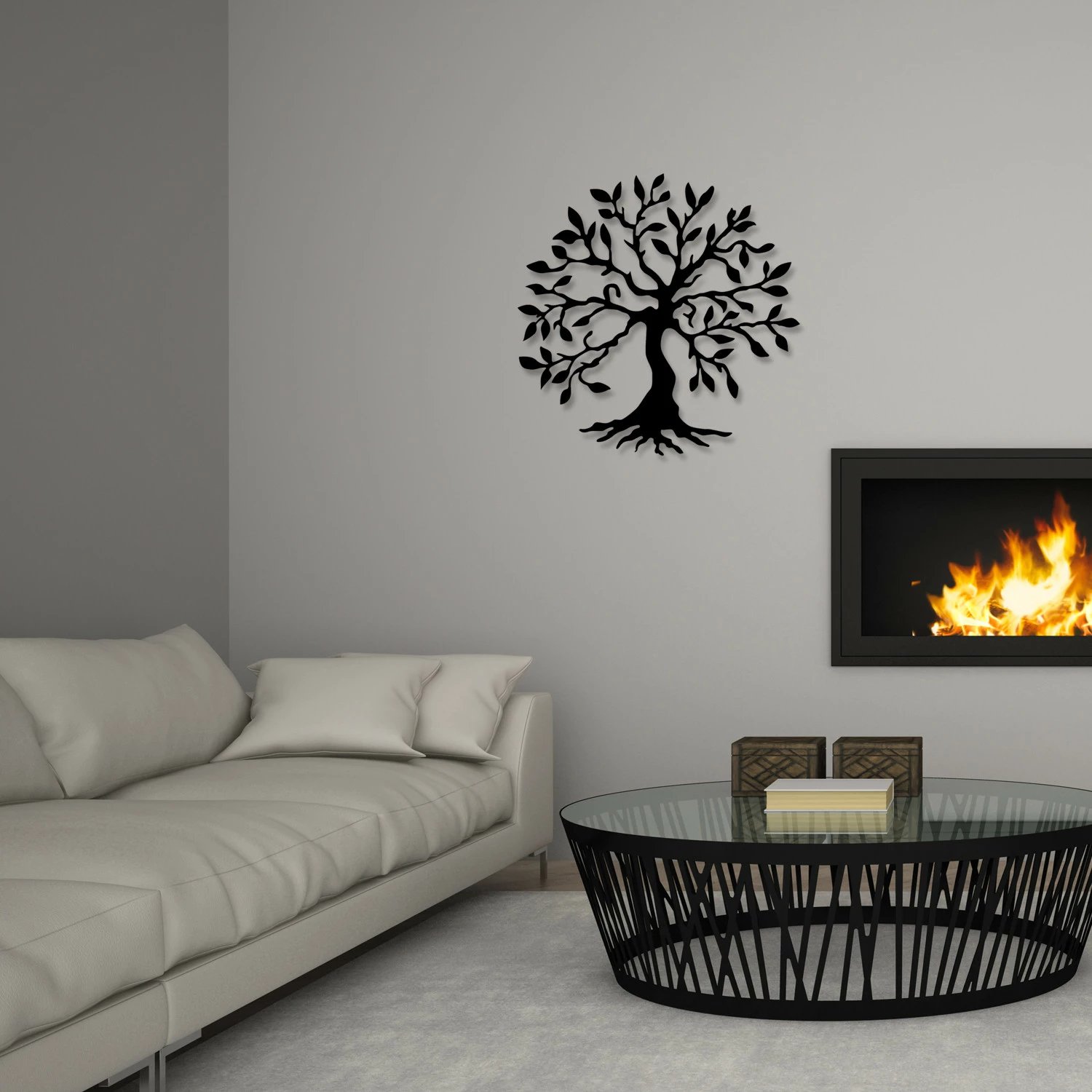 Aksesor dekorativ metalik për mur, dizajn pemë, Wallity, ngjyrë e zezë, 60x60cm