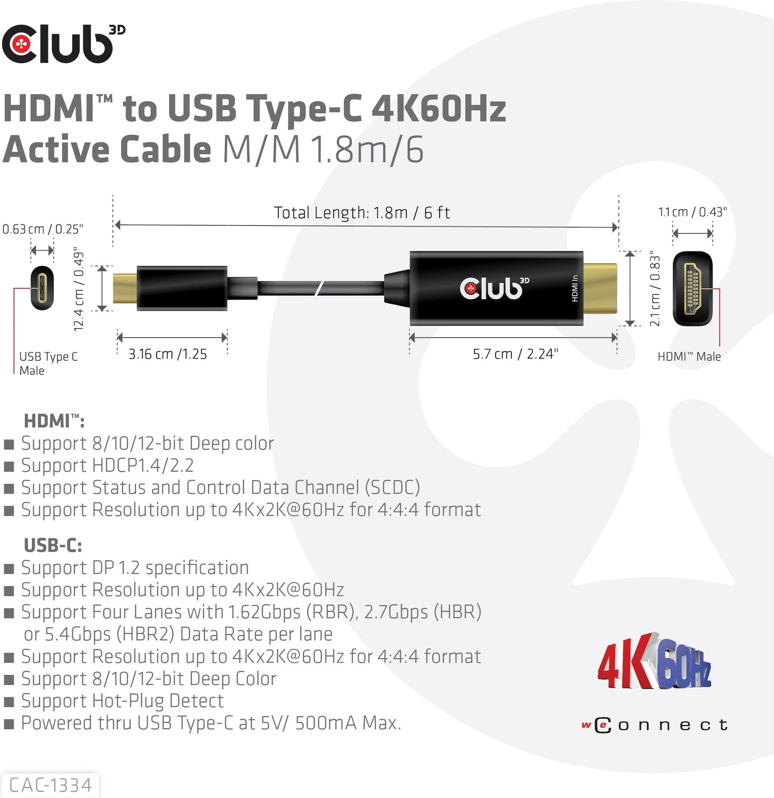 Kabllo HDMI Club3D CAC-1334, USB-C në HDMI, 1.8m, 4K60Hz, e zezë
