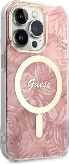 Mbështjellës Guess Jungle Collection me MagSafe + karikues wireless për iPhone 14 Pro 6.1", rozë