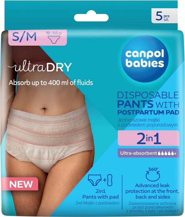 Mbathje të disponueshme pas lindjes 2-në-1 me pecetë Canpol Babies S/M për femra, 5 copë
