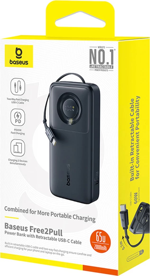 Powerbank Baseus Free2Pull 20000mAh, 65W, me kabllo USB-C të tërheqshme, e zezë