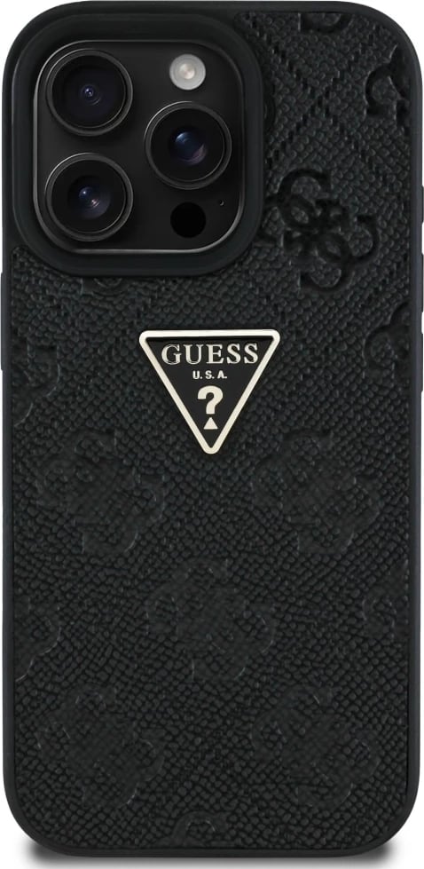 Mbështjellës Guess Hot Stamp 4G Pattern Triangle Metal Logo për iPhone 16 Pro, i zi