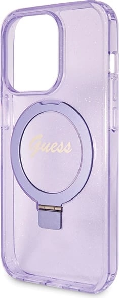 Mbështjellës Guess Ring Stand Script Glitter MagSafe për iPhone 14 Pro, vjollcë