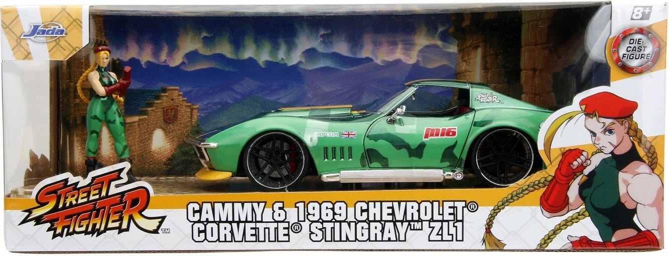 Veture lodër Jada Toys Street Fighter 1969 Chevrolet Corvette 1:24 me figurë Cammy, Gjelbër/Verdhë