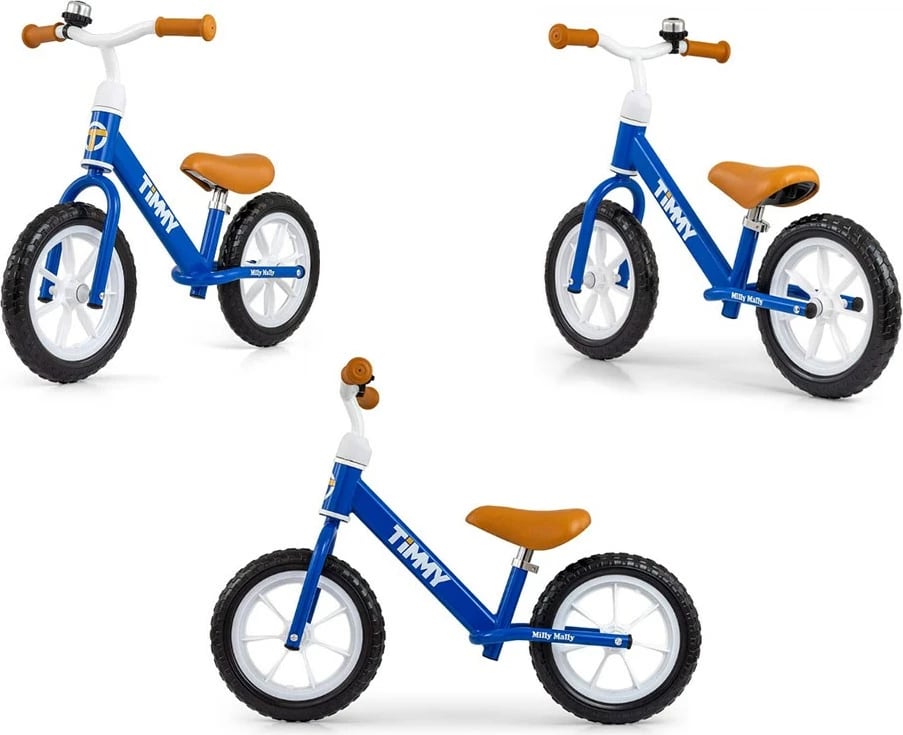Biçikletë balancuese, Milly Mally, Timmy, rrota 12" EVA, sedile e rregullueshme 32–41 cm, deri 25 kg, 2.8 kg, blu