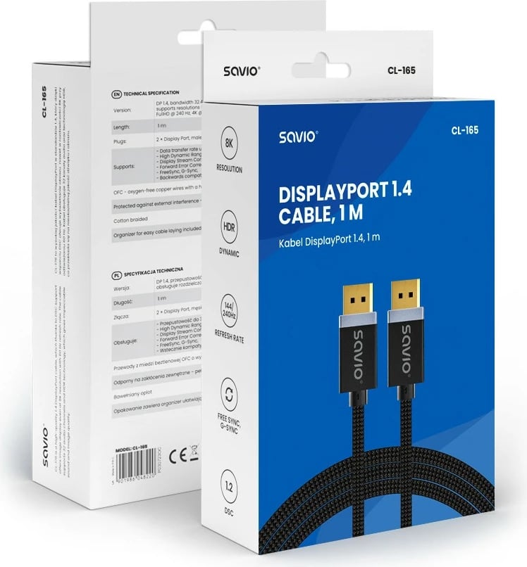 Kabllo DisplayPort Savio CL-165, 1m, v1.4, e zezë