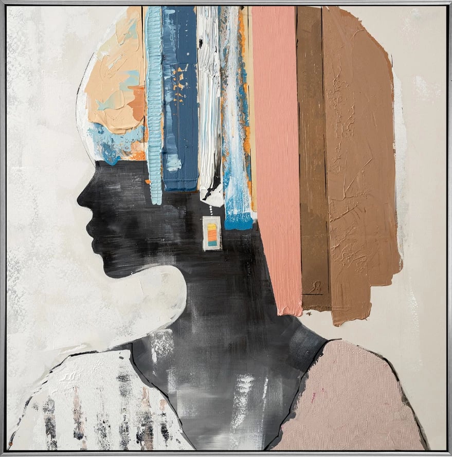 Pikturë dekorative gruaje me ngjyra të ndryshme, kanavacë, dru, argjend, 80x80x5cm