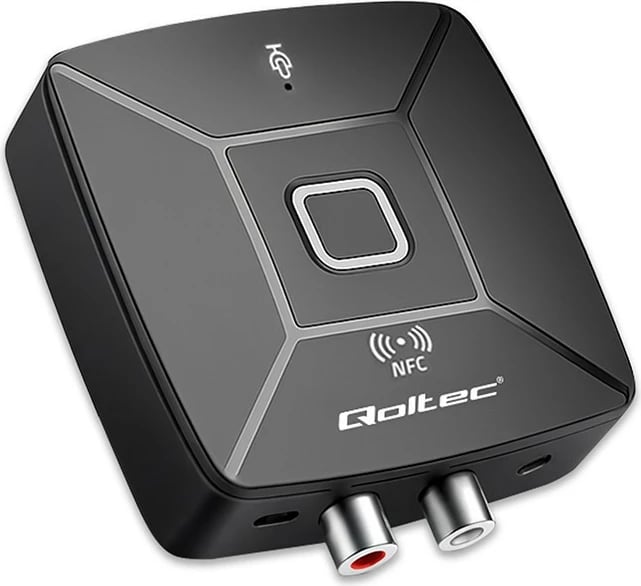 Transmetues/Marrës audio Bluetooth, Qoltec 56981, Bluetooth 6.0, NFC, 2 x RCA dhe 1 x AUX 3.5 mm, mikrofon, USB 5V, e zezë