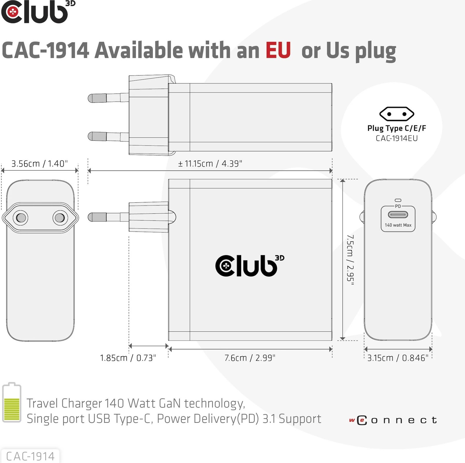 Karikues Club3D 140W, GaN, USB-C, me kabllo USB-C, i zi Karikues Club3D 140W, GaN, USB-C, me kabllo USB-C, i zi