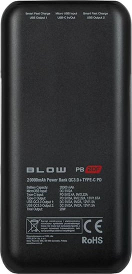 Power bank BLOW PB20E 20000mAh, QC+PD 20W, e bardhë