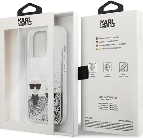 Mbështjellës Karl Lagerfeld Liquid Glitter Karl & Choupette për iPhone 13 Pro/13 6.1", argjendtë