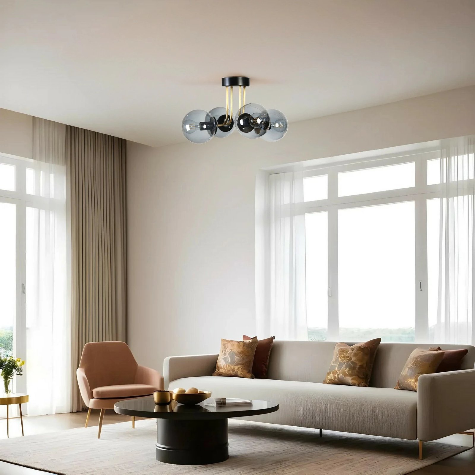 Llambë tavani Opviq Pablo 4, metal i zi, xham fume